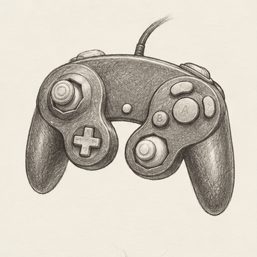 Three-frame pencil sketch of a GameCube controller