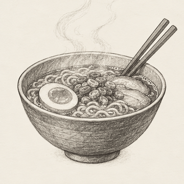 Pencil sketch of a steaming bowl of ramen